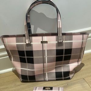 Kate Spade New York Newbury Lane Jules Plaid Tote and Wallet PINK/BLACK - NEW!!